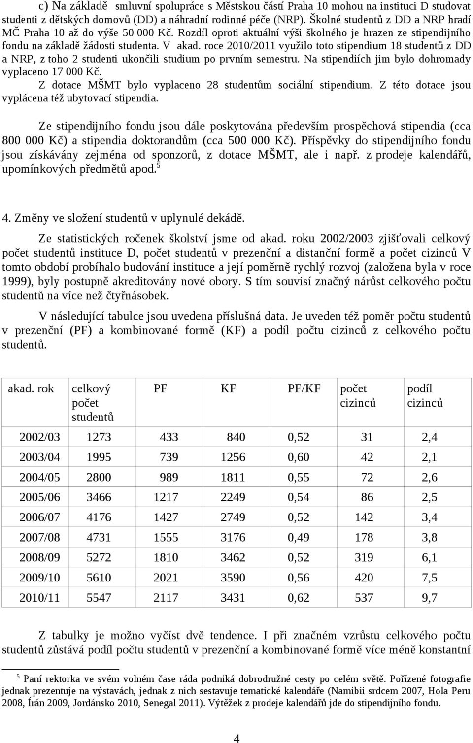 roce 2010/2011 využilo toto stipendium 18 studentů z DD a NRP, z toho 2 studenti ukončili studium po prvním semestru. Na stipendiích jim bylo dohromady vyplaceno 17 000 Kč.