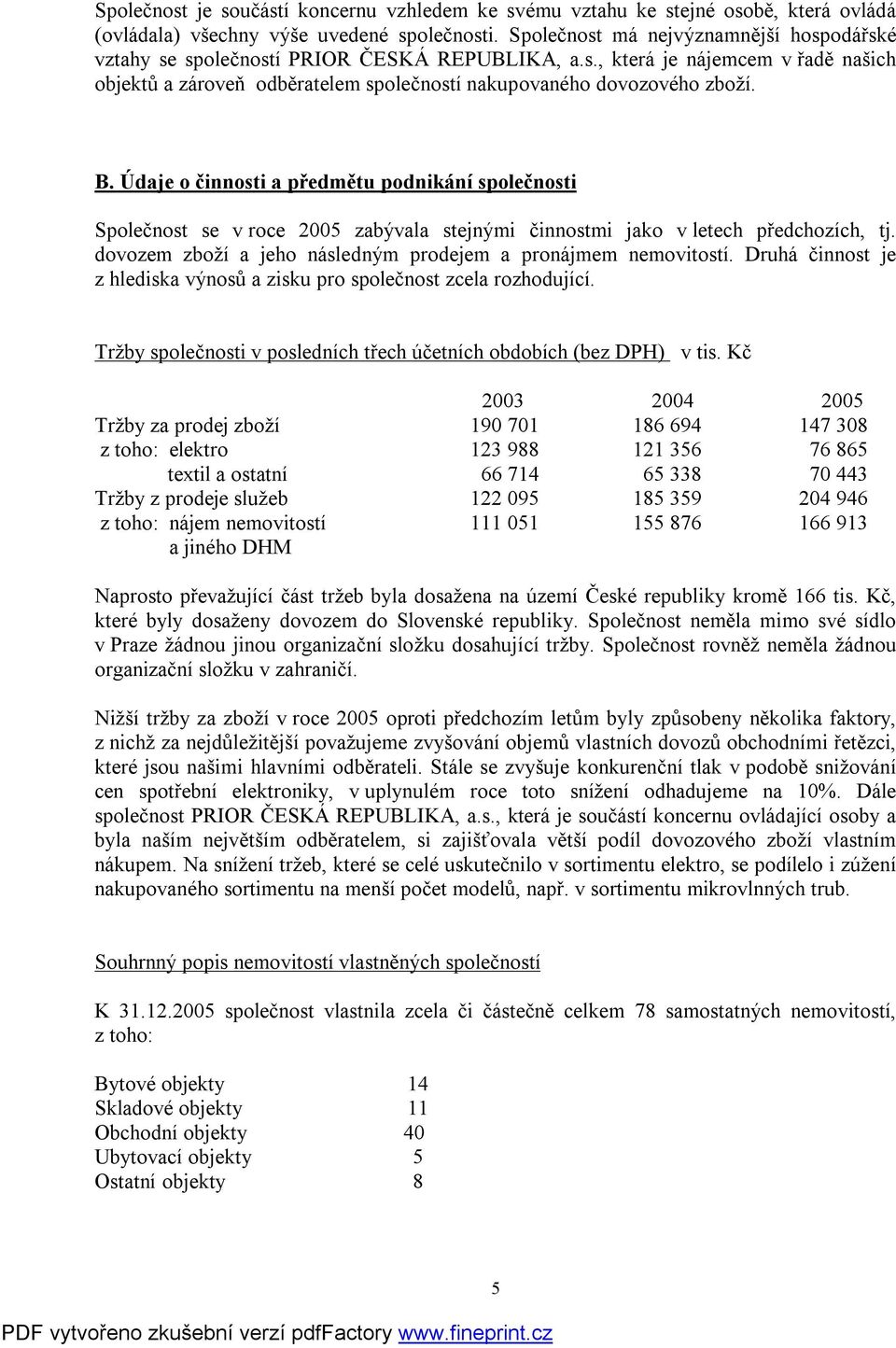 Údaje o činnosti a předmětu podnikání společnosti Společnost se v roce 25 zabývala stejnými činnostmi jako v letech předchozích, tj. dovozem zboží a jeho následným prodejem a pronájmem nemovitostí.