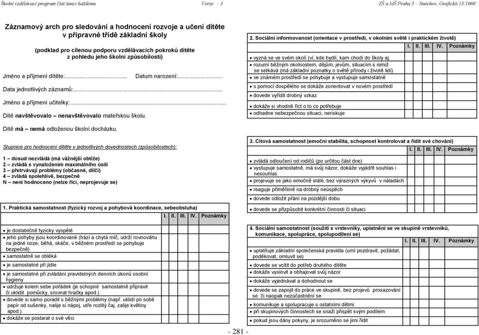 Sociální informovanost (orientace v prostředí, v okolním světě i praktickém životě) vyzná se ve svém okolí (ví, kde bydlí, kam chodí do školy aj.