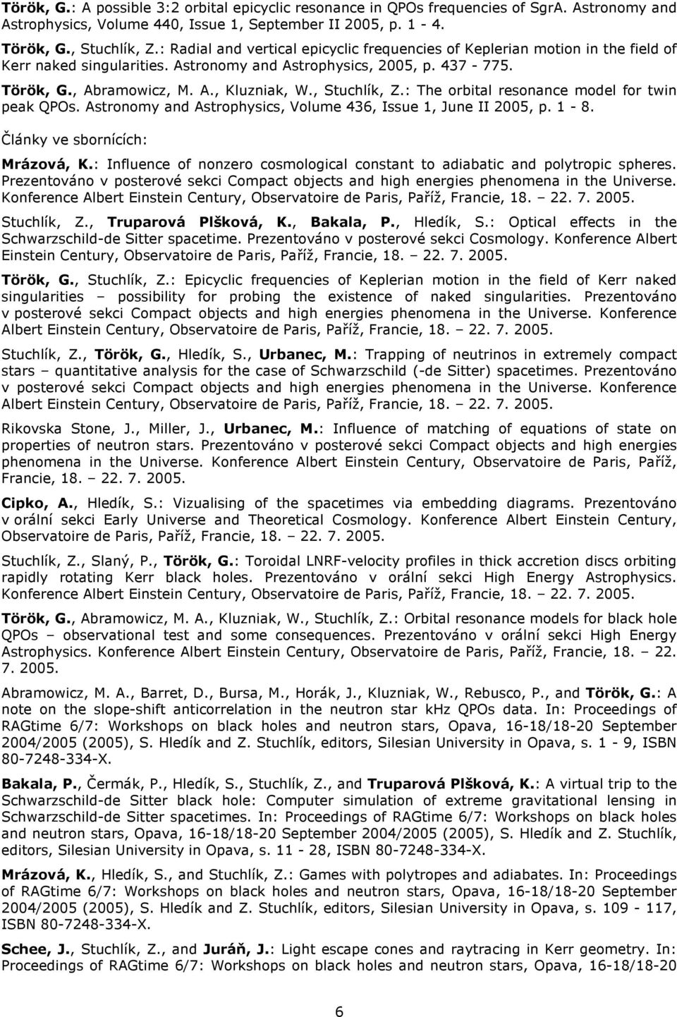 , Stuchlík, Z.: The orbital resonance model for twin peak QPOs. Astronomy and Astrophysics, Volume 436, Issue 1, June II 2005, p. 1-8. Články ve sbornících: Mrázová, K.