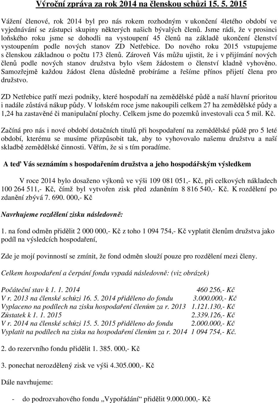 Jsme rádi, že v prosinci loňského roku jsme se dohodli na vystoupení 45 členů na základě ukončení členství vystoupením podle nových stanov ZD Netřebice.