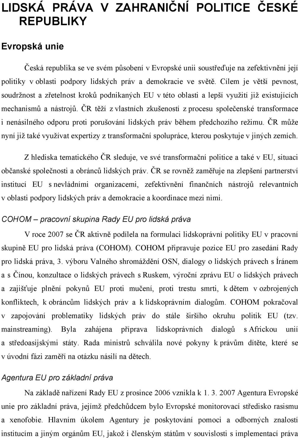 ČR těží z vlastních zkušeností z procesu společenské transformace i nenásilného odporu proti porušování lidských práv během předchozího režimu.