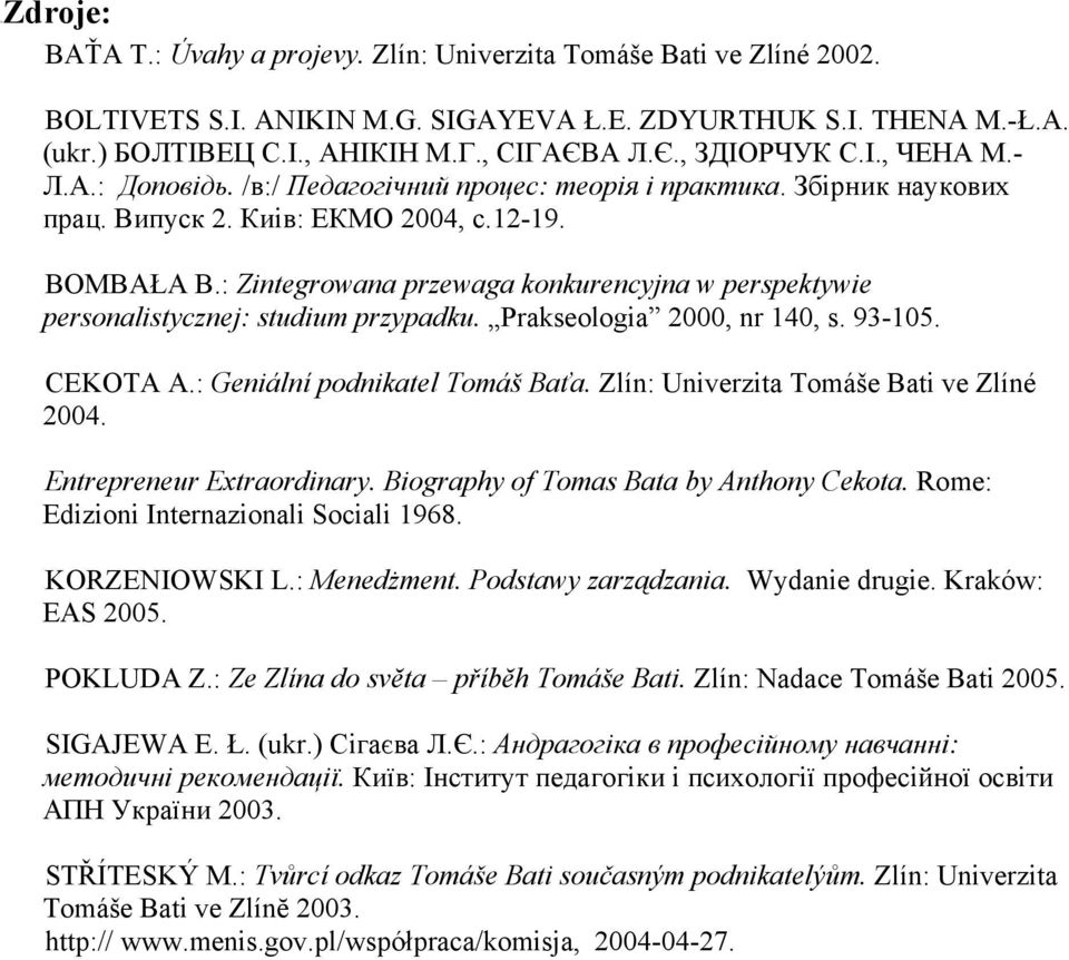 : Zintegrowana przewaga konkurencyjna w perspektywie personalistycznej: studium przypadku. Prakseologia 2000, nr 140, s. 93-105. CEKOTA A.: Geniální podnikatel Tomáš Baťa.