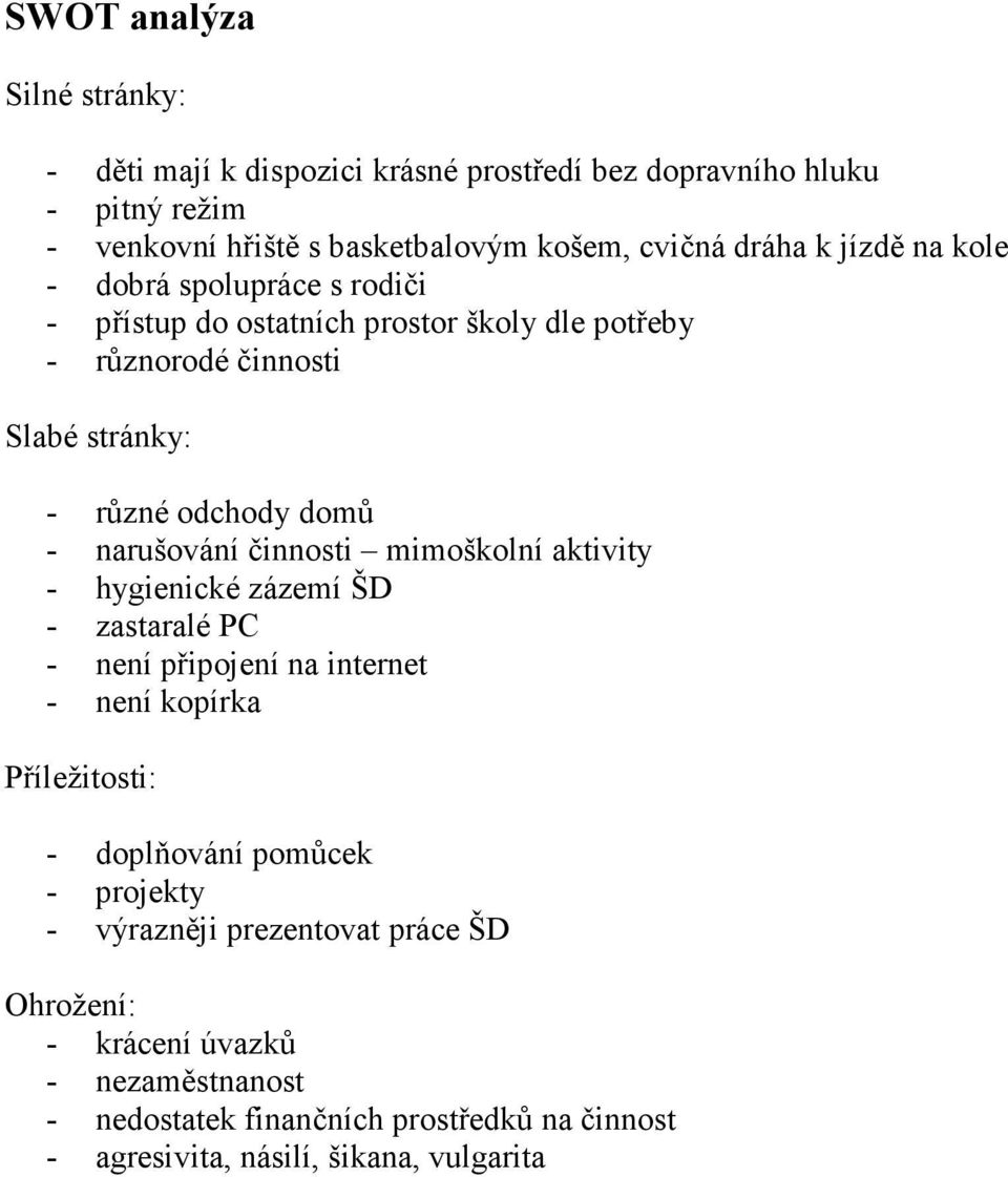 narušování činnosti mimoškolní aktivity - hygienické zázemí ŠD - zastaralé PC - není připojení na internet - není kopírka Příležitosti: - doplňování pomůcek -