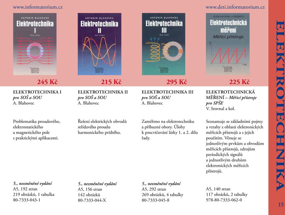 , nezměněné vydání A5, 156 stran 142 obrázků 80-7333-044-X 295 Kč elektrotechnika iii pro SOŠ a SOU A. Blahovec Zaměřeno na elektrotechniku a příbuzné obory. Úlohy k procvičování látky 1. a 2.