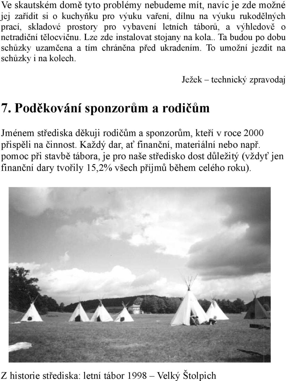 7. Poděkování sponzorům a rodičům Ježek technický zpravodaj Jménem střediska děkuji rodičům a sponzorům, kteří v roce 2000 přispěli na činnost.