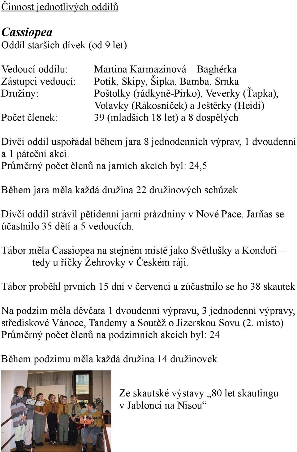 Průměrný počet členů na jarních akcích byl: 24,5 Během jara měla každá družina 22 družinových schůzek Dívčí oddíl strávil pětidenní jarní prázdniny v Nové Pace.