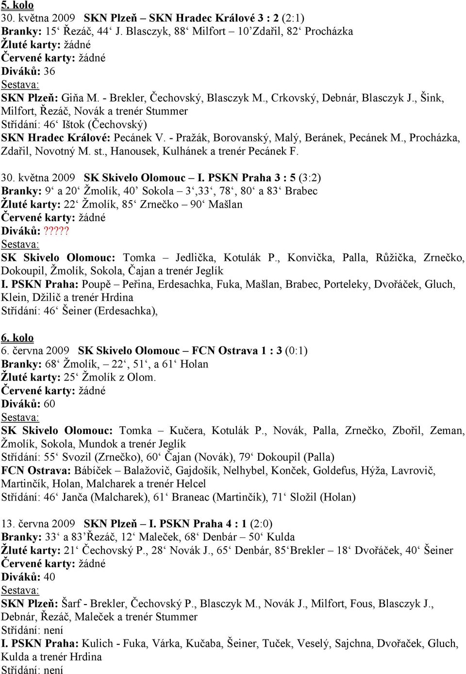 - Praţák, Borovanský, Malý, Beránek, Pecánek M., Procházka, Zdařil, Novotný M. st., Hanousek, Kulhánek a trenér Pecánek F. 30. května 2009 SK Skivelo Olomouc I.