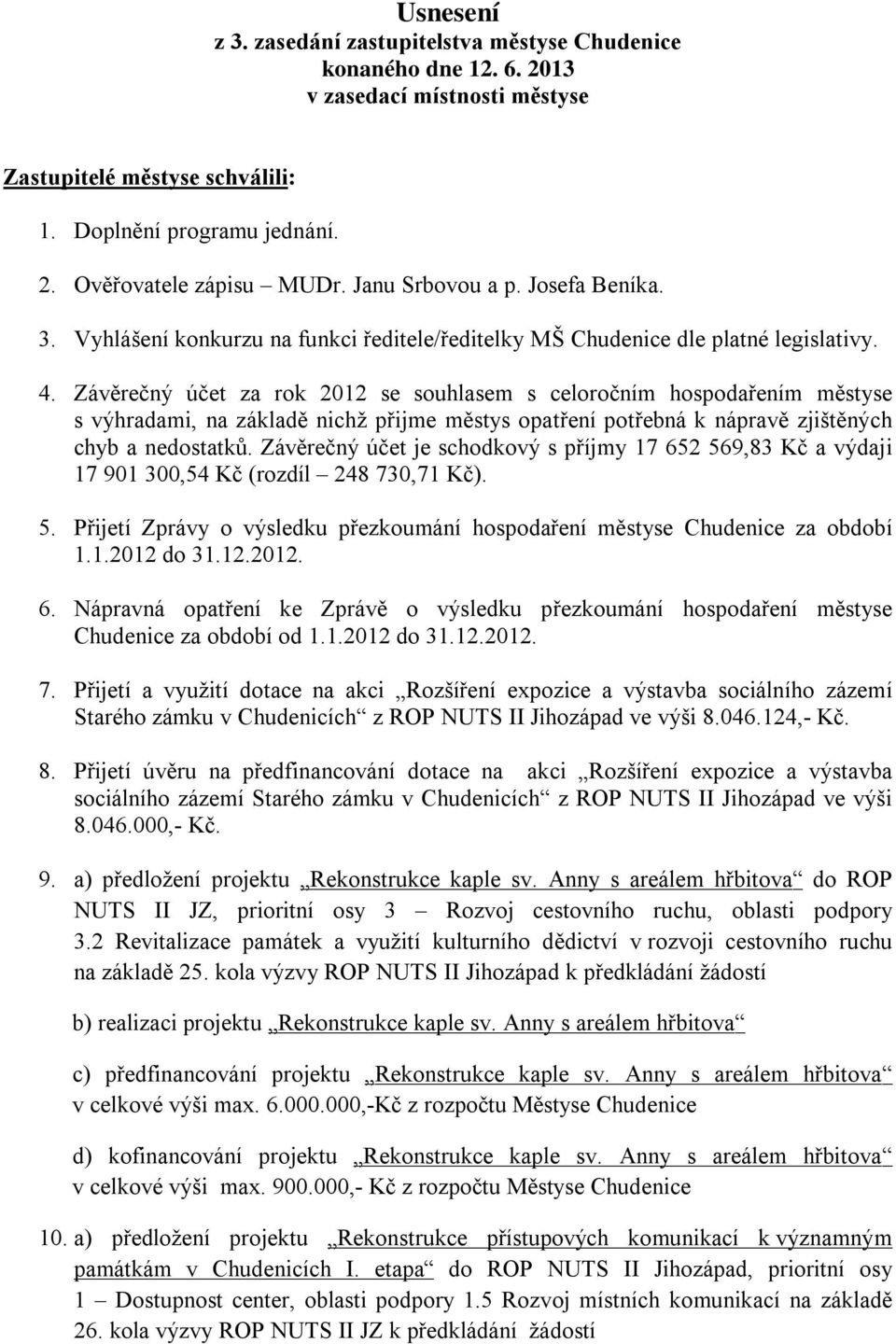 Závěrečný účet za rok 2012 se souhlasem s celoročním hospodařením městyse s výhradami, na základě nichž přijme městys opatření potřebná k nápravě zjištěných chyb a nedostatků.