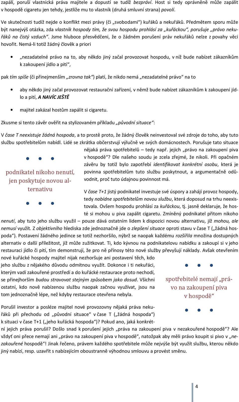 Předmětem sporu může být nanejvýš otázka, zda vlastník hospody tím, že svou hospodu prohlásí za kuřáckou, porušuje právo nekuřáků na čistý vzduch.