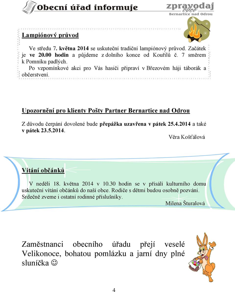 Upozornění pro klienty Pošty Partner Bernartice nad Odrou Z důvodu čerpání dovolené bude přepážka uzavřena v pátek 25.4.2014 a také v pátek 23.5.2014. Věra Košťálová Vítání občánků V neděli 18.