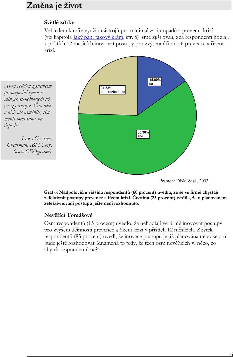 Jsem velkým zastáncem prosazování změn ve velkých společnostech už jen z principu. Čím déle v nich nic neměníte, tím menší mají šanci na úspěch. Louis Gerstner, Chairman, IBM Corp. (www.ceogo.com).