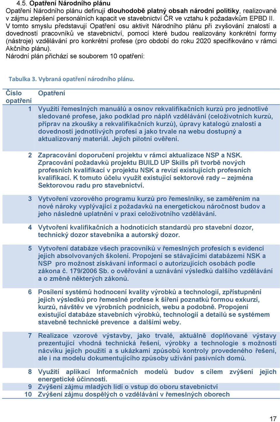 V tomto smyslu představují Opatření osu aktivit Národního plánu při zvyšování znalostí a dovedností pracovníků ve stavebnictví, pomocí které budou realizovány konkrétní formy (nástroje) vzdělávání