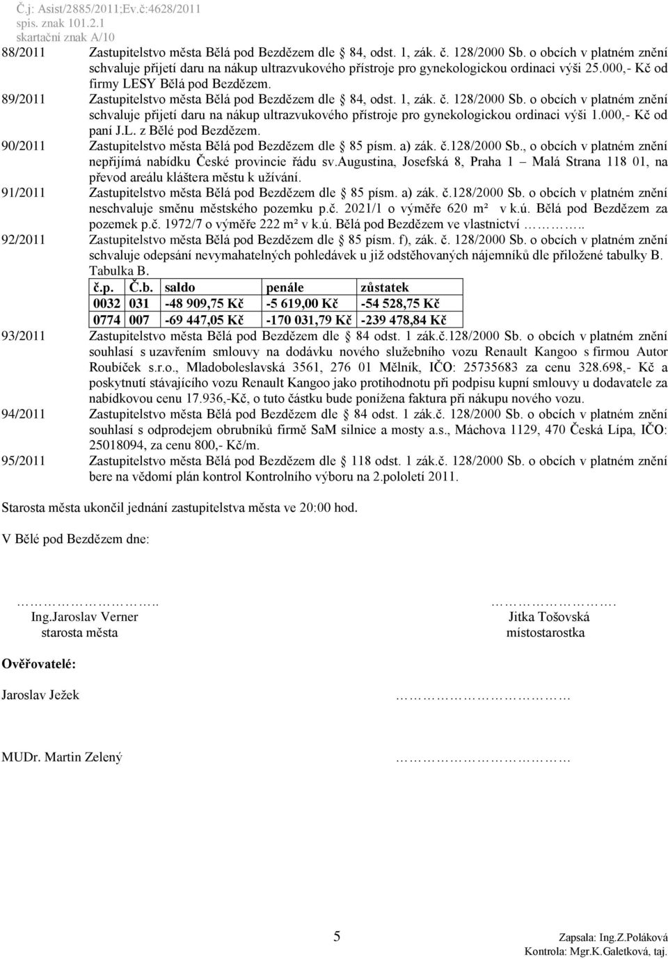 89/2011 Zastupitelstvo města Bělá pod Bezdězem dle 84, odst. 1, zák. č. 128/2000 Sb.