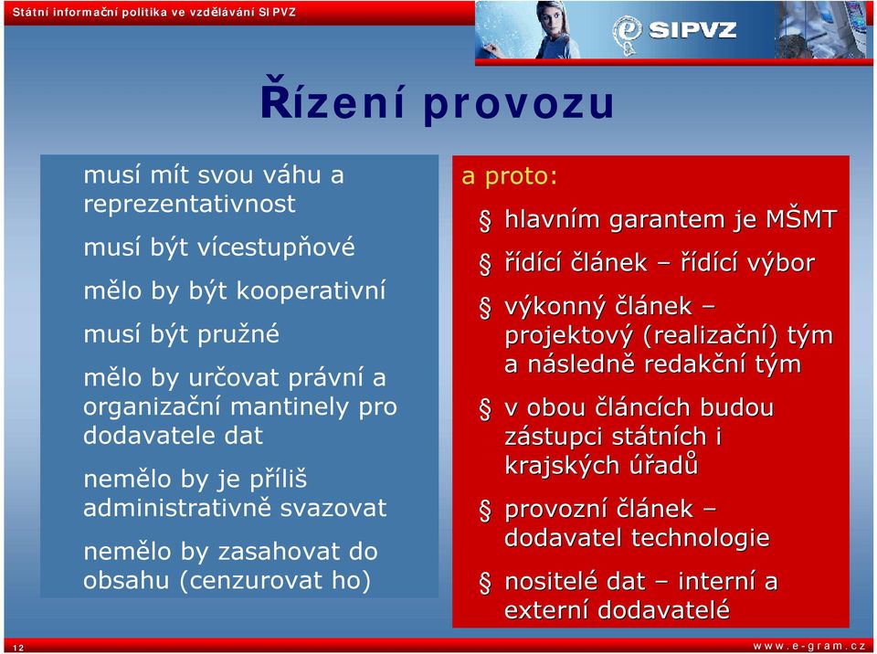 hlavním garantem je MŠMT řídící článek řídící výbor výkonný článek projektový (realizační) tým a následně redakční tým v obou článcích budou