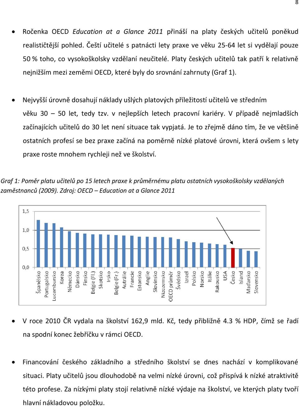 Platy českých učitelů tak patří k relativně nejnižším mezi zeměmi OECD, které byly do srovnání zahrnuty (Graf 1).