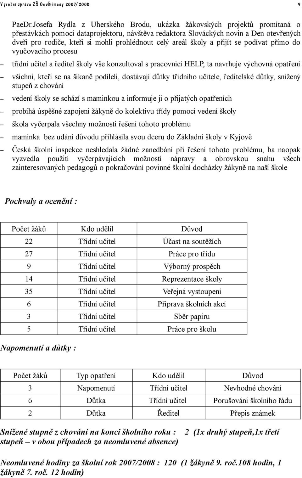 prohlédnout celý areál školy a přijít se podívat přímo do vyučovacího procesu třídní učitel a ředitel školy vše konzultoval s pracovnicí HELP, ta navrhuje výchovná opatření všichni, kteří se na