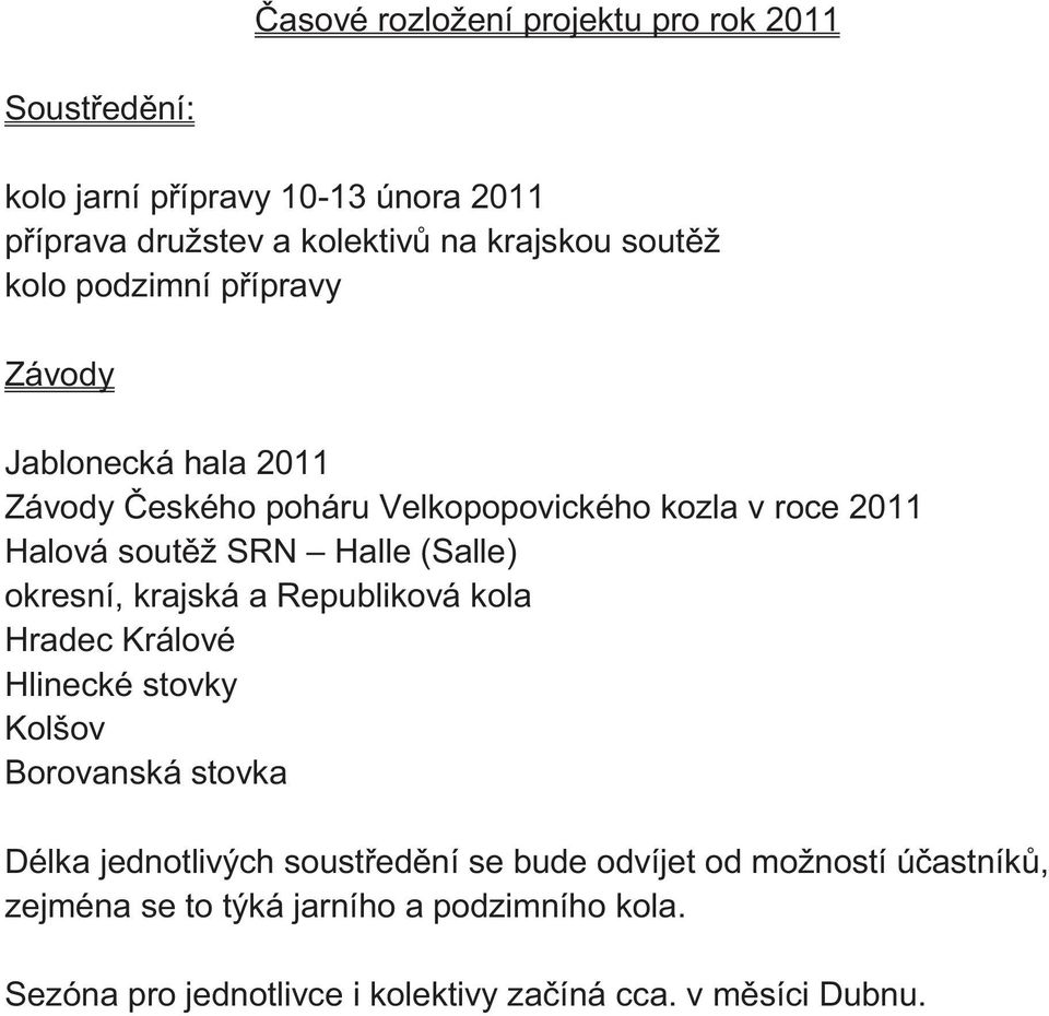 Halle (Salle) okresní, krajská a Republiková kola Hradec Králové Hlinecké stovky Kolšov Borovanská stovka Délka jednotlivých soustředění