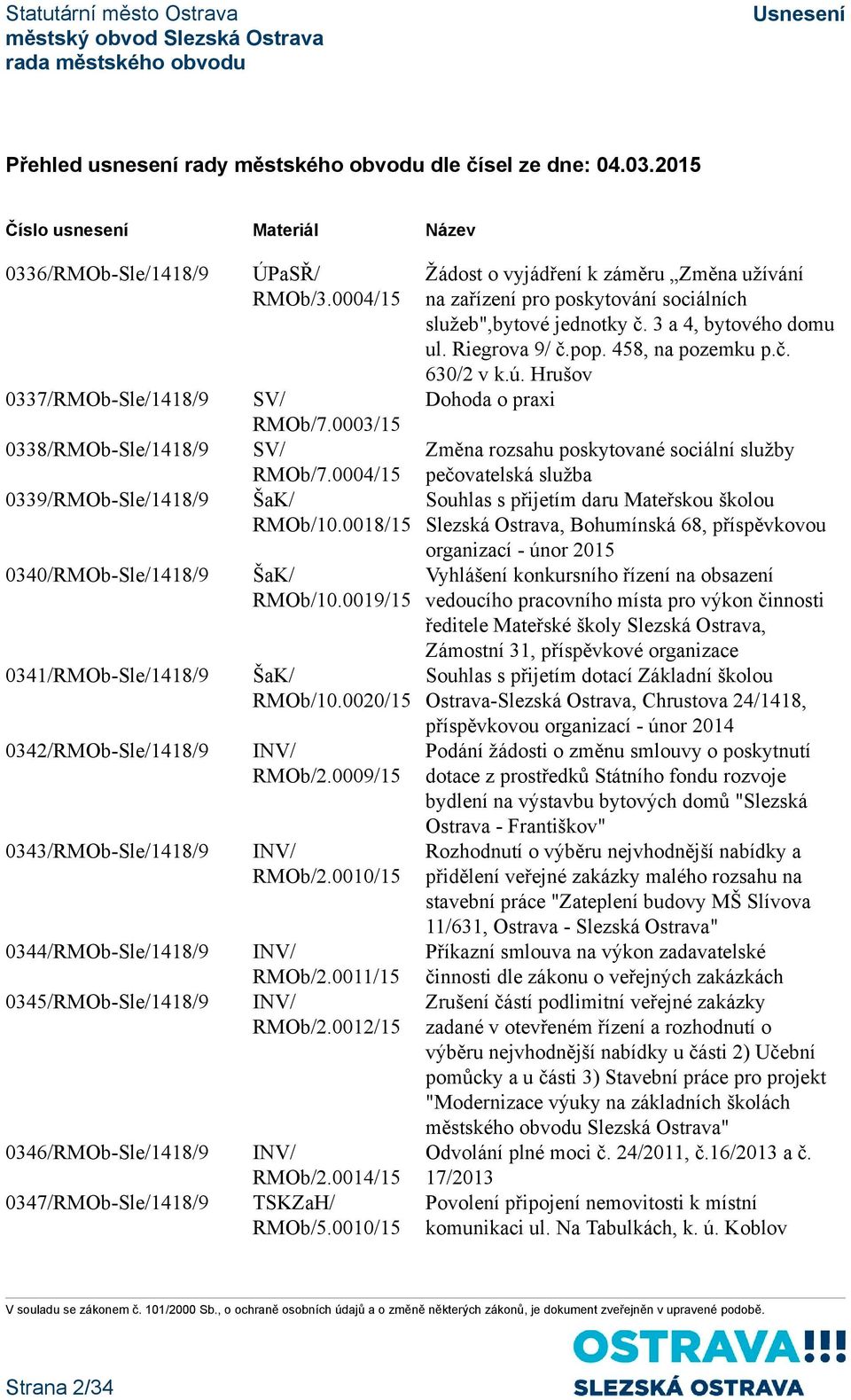 0343/RMOb-Sle/1418/9 0344/RMOb-Sle/1418/9 0345/RMOb-Sle/1418/9 0346/RMOb-Sle/1418/9 0347/RMOb-Sle/1418/9 ÚPaSŘ/ RMOb/3.0004/15 SV/ RMOb/7.0003/15 SV/ RMOb/7.0004/15 ŠaK/ RMOb/10.0018/15 ŠaK/ RMOb/10.