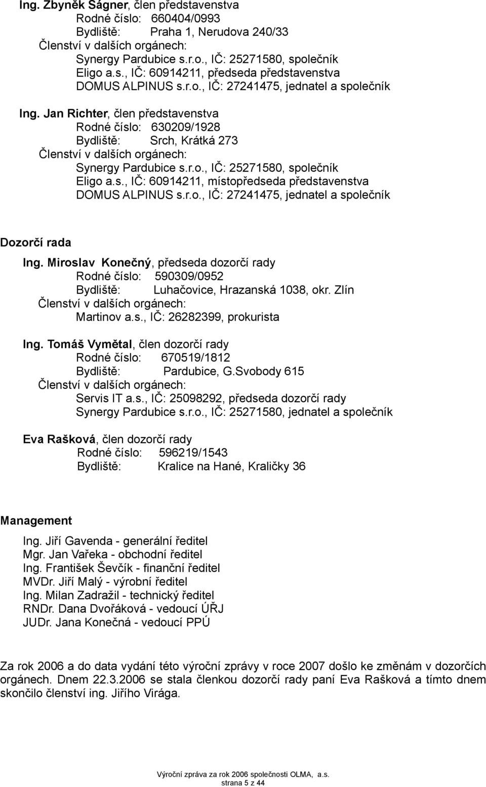 s., IČ: 60914211, místopředseda představenstva DOMUS ALPINUS s.r.o., IČ: 27241475, jednatel a společník Dozorčí rada Ing.