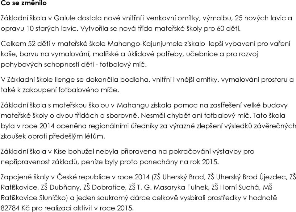 fotbalový míč. V Základní škole Ilenge se dokončila podlaha, vnitřní i vnější omítky, vymalování prostoru a také k zakoupení fotbalového míče.