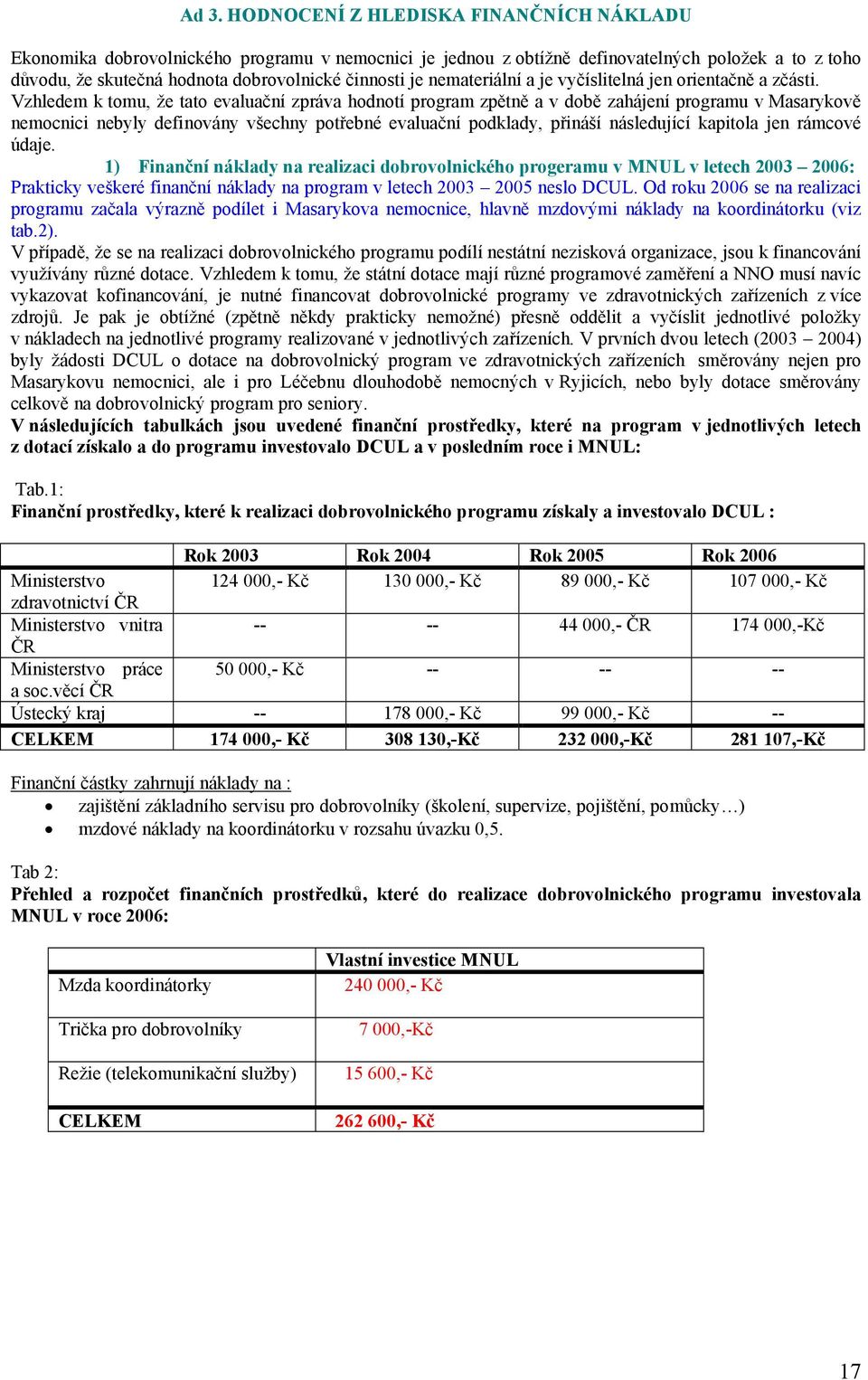 Vzhledem k tomu, že tato evaluační zpráva hodnotí program zpětně a v době zahájení programu v Masarykově nemocnici nebyly definovány všechny potřebné evaluační podklady, přináší následující kapitola