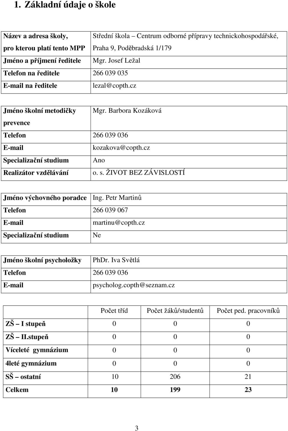 cz Specializační studium Ano Realizátor vzdělávání o. s. ŽIVOT BEZ ZÁVISLOSTÍ Jméno výchovného poradce Ing. Petr Martinů Telefon 266 039 067 E-mail martinu@copth.