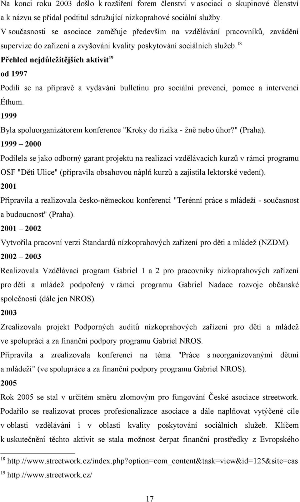 18 Přehled nejdůležitějších aktivit19 od 1997 Podílí se na přípravě a vydávání bulletinu pro sociální prevenci, pomoc a intervenci Éthum.