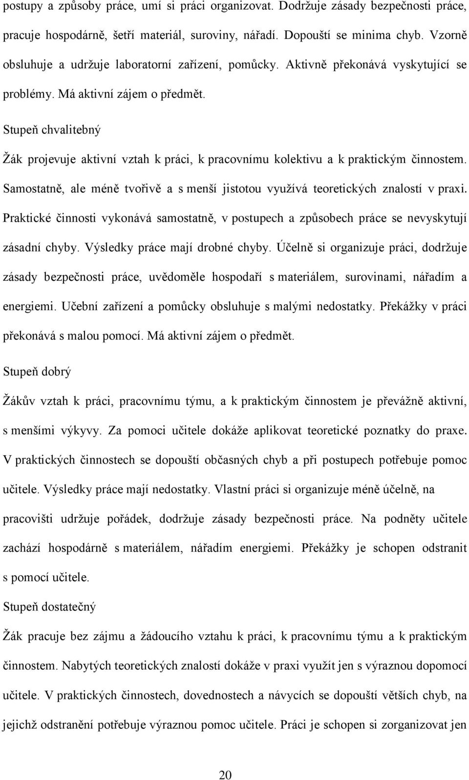 Stupeň chvalitebný Žák projevuje aktivní vztah k práci, k pracovnímu kolektivu a k praktickým činnostem. Samostatně, ale méně tvořivě a s menší jistotou využívá teoretických znalostí v praxi.