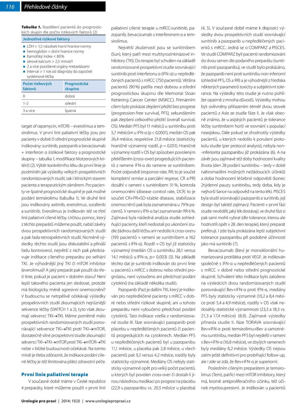 sérové kalcium > 2,5 mmol/l 2 a více postižené orgány metastázami interval > 1 rok od diagnózy do započetí systémové léčby Počet rizikových faktorů Prognostická skupina 0 dobrá 1 2 střední 3 a více