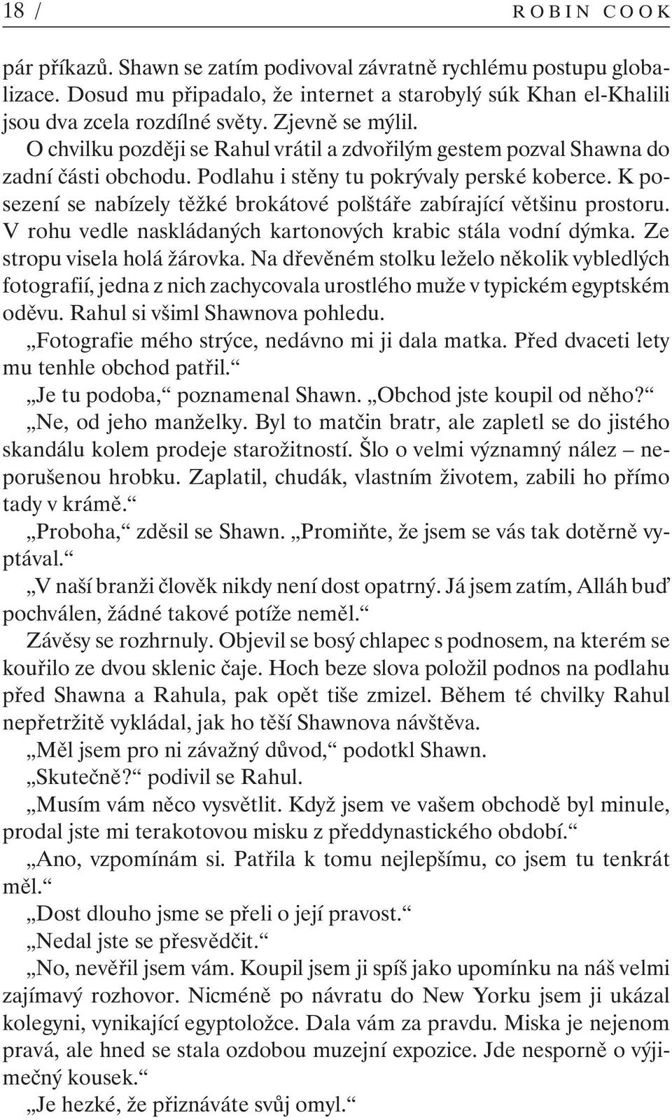 K posezení se nabízely těžké brokátové polštáře zabírající většinu prostoru. V rohu vedle naskládaných kartonových krabic stála vodní dýmka. Ze stropu visela holá žárovka.