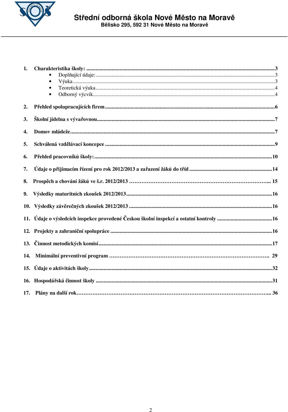 Výsledky maturitních zkoušek 2012/2013... 16 10. Výsledky závěrečných zkoušek 2012/2013... 16 11. Údaje o výsledcích inspekce provedené Českou školní inspekcí a ostatní kontroly... 16 12.