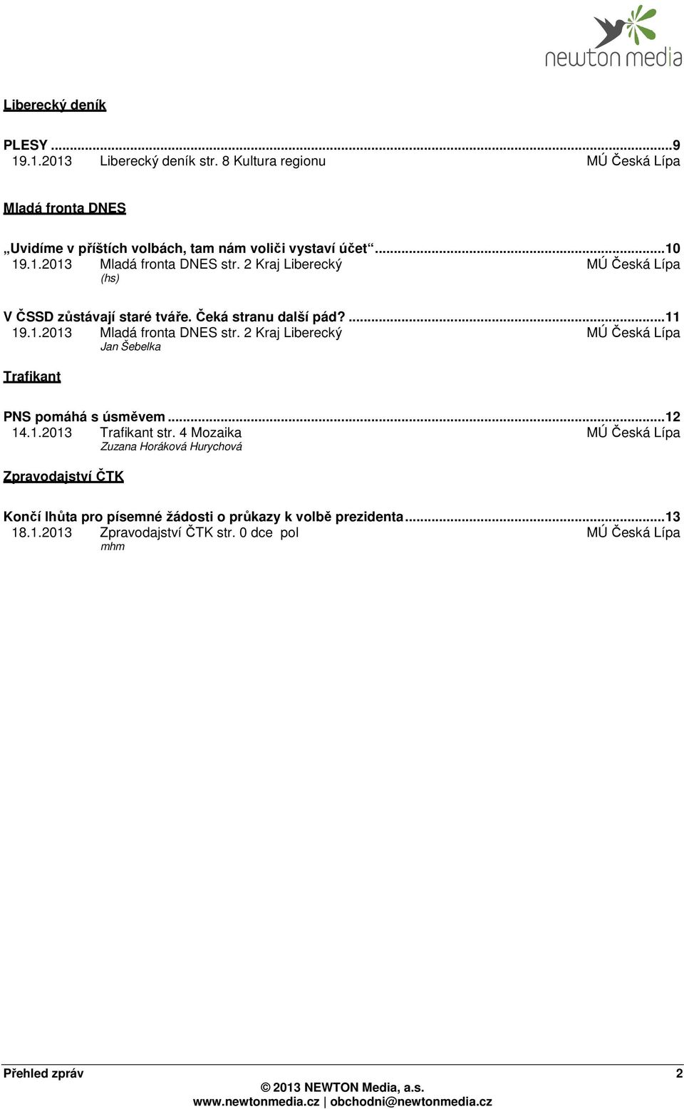 2 Kraj Liberecký (hs) V ČSSD zůstávají staré tváře. Čeká stranu další pád?... 11 19.1.2013 Mladá fronta DNES str.