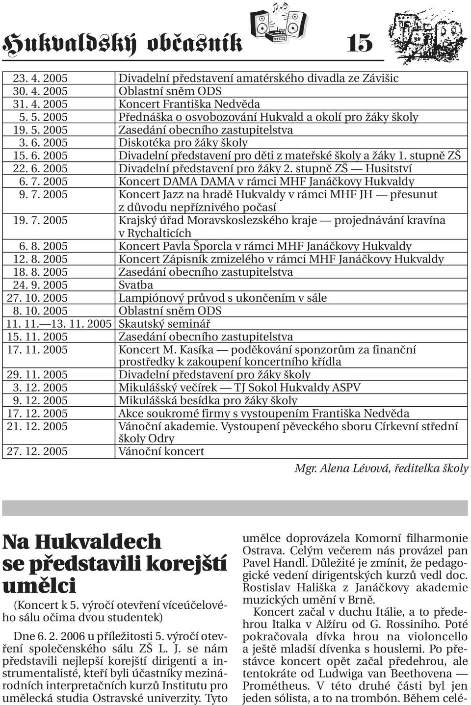 stupně ZŠ 22. 6. 2005 Divadelní představení pro žáky 2. stupně ZŠ Husitství 6. 7. 2005 Koncert DAMA DAMA v rámci MHF Janáčkovy Hukvaldy 9. 7. 2005 Koncert Jazz na hradě Hukvaldy v rámci MHF JH přesunut z důvodu nepříznivého počasí 19.