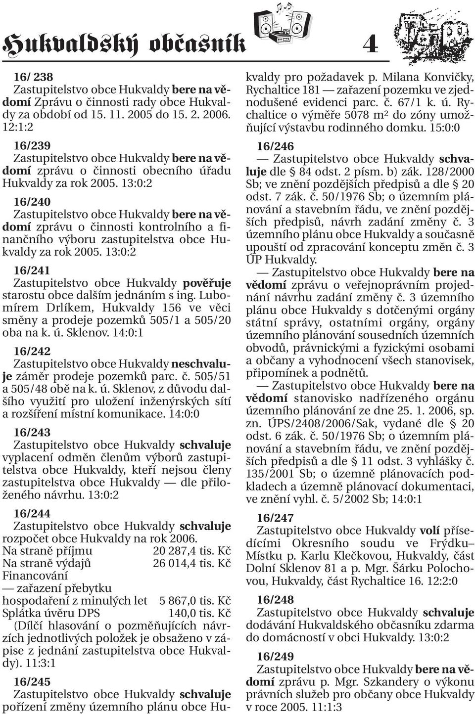 13:0:2 16/240 Zastupitelstvo obce Hukvaldy bere na vědomí zprávu o činnosti kontrolního a finančního výboru zastupitelstva obce Hukvaldy za rok 2005.