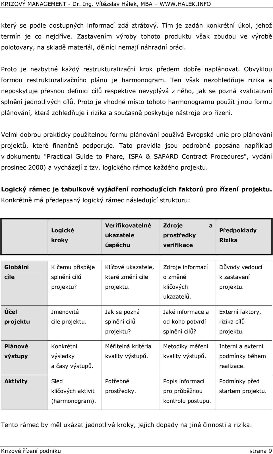 Obvyklou formou restrukturalizačního plánu je harmonogram.