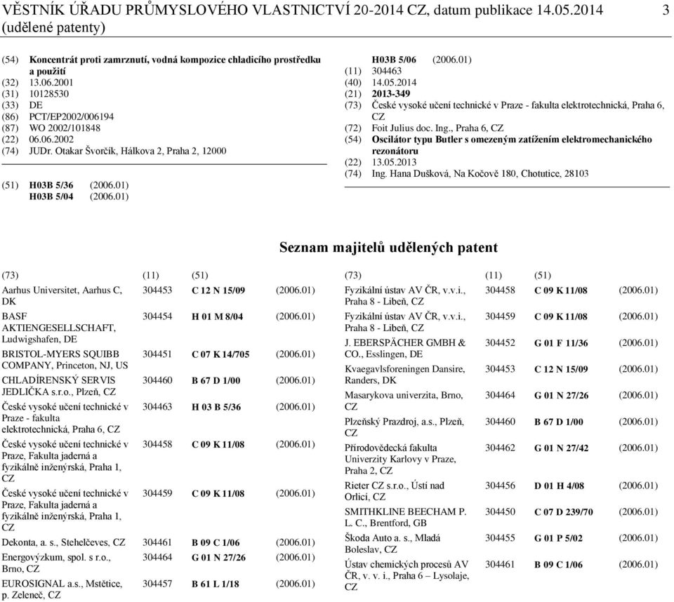 01) (11) 304463 (40) 14.05.2014 (21) 2013-349 (73) České vysoké učení technické v Praze - fakulta elektrotechnická, Praha 6, CZ (72) Foit Julius doc. Ing.