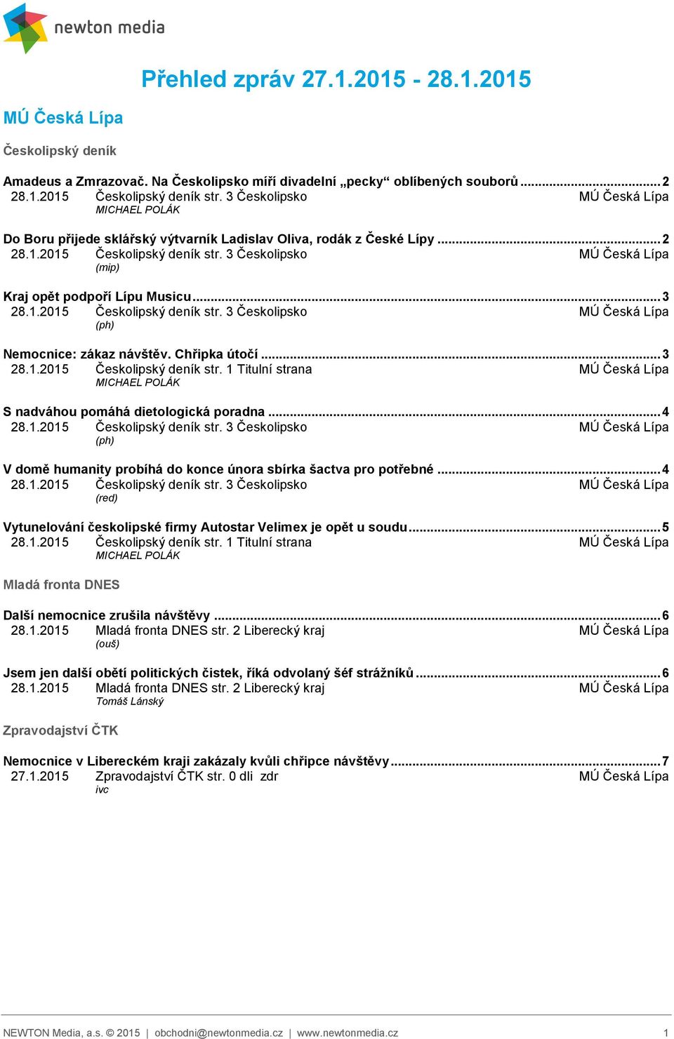 .. 3 MÚ Česká Lípa (ph) Nemocnice: zákaz návštěv. Chřipka útočí... 3 28.1.2015 Českolipský deník str. 1 Titulní strana MÚ Česká Lípa MICHAEL POLÁK S nadváhou pomáhá dietologická poradna.