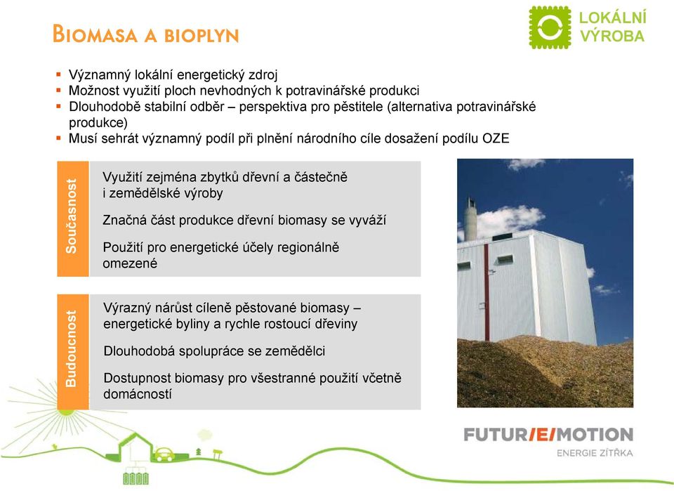 zejména zbytků dřevní a částečně i zemědělské výroby Značná část produkce dřevní biomasy se vyváží Použití pro energetické účely regionálně omezené Budoucnost