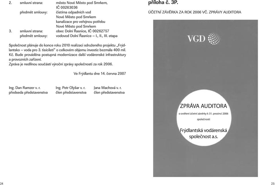 ZPRÁVY AUDITORA Společnost plánuje do konce roku 2010 realizaci sdruženého projektu Frýdlantsko voda pro 3. tisíciletí o celkovém objemu investic bezmála 400 mil. Kč.
