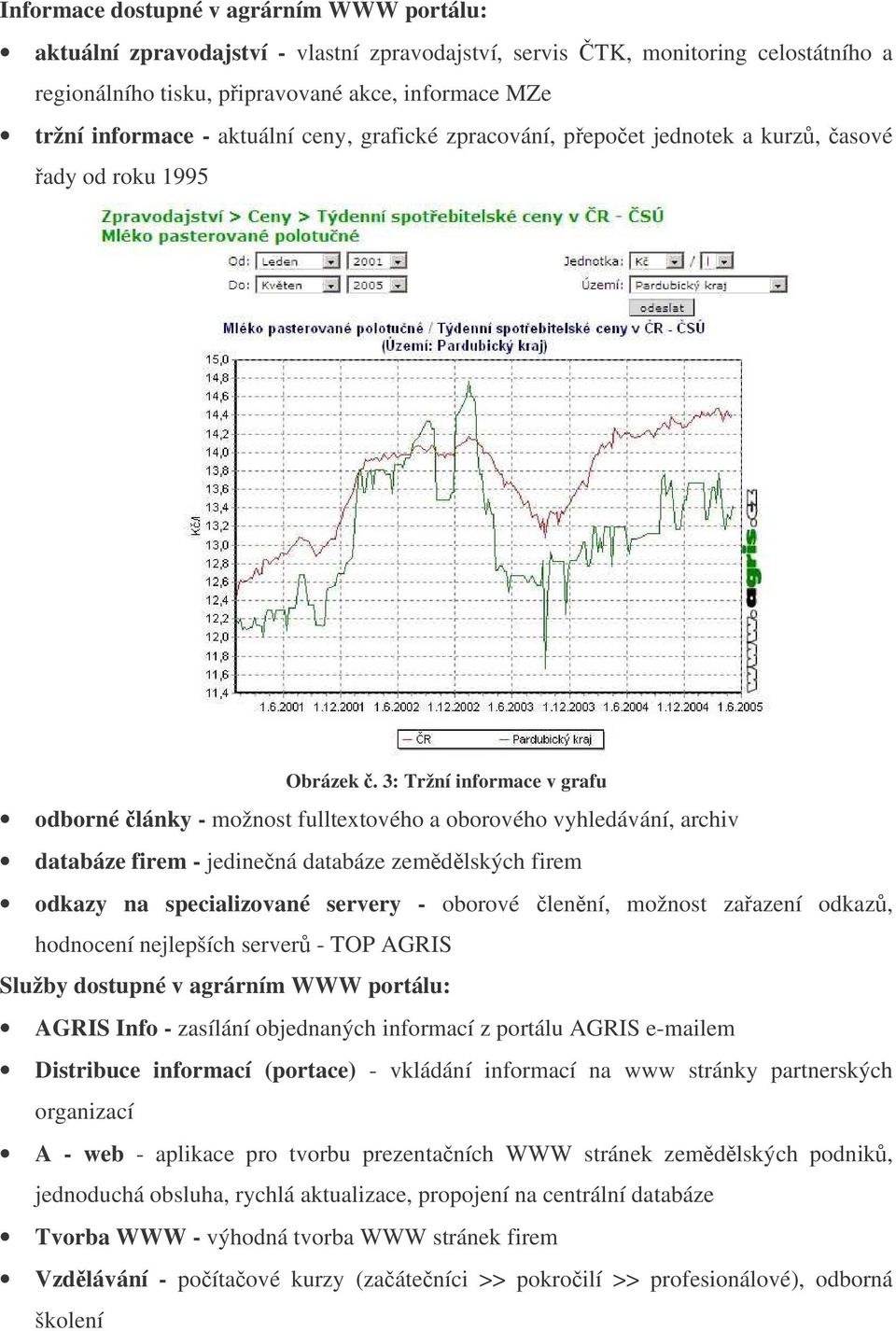 3: Tržní informace v grafu odborné lánky - možnost fulltextového a oborového vyhledávání, archiv databáze firem - jedinená databáze zemdlských firem odkazy na specializované servery - oborové lenní,