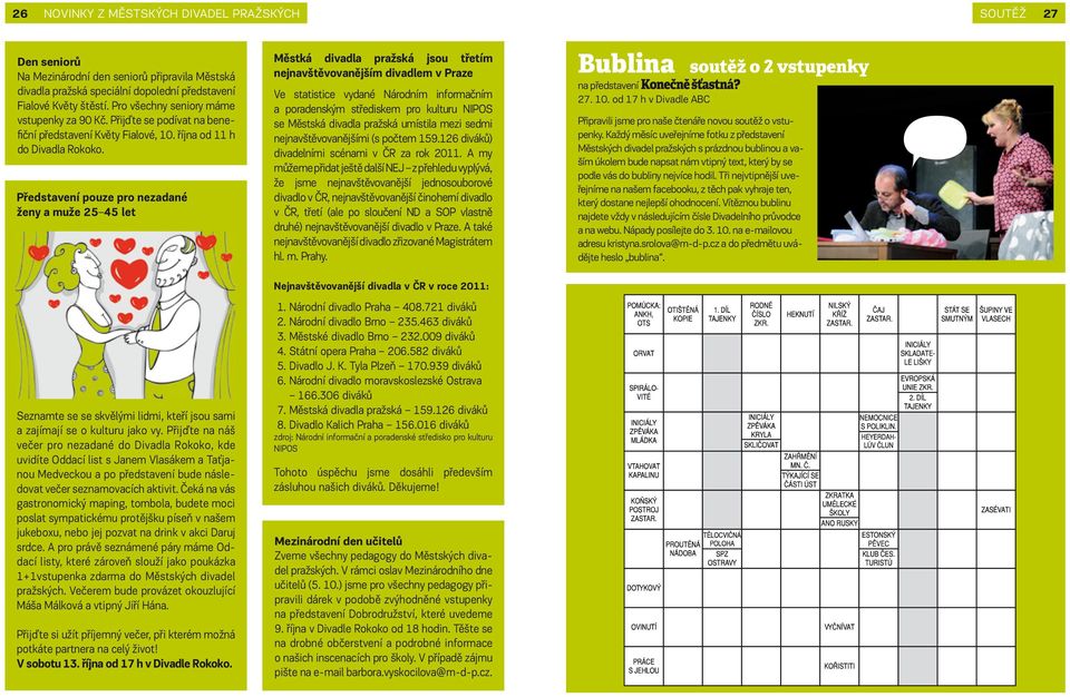 Předstaení pouze pro nezadané ženy a muže 25 45 let Městká diadla pražská jsou třetím nejnaštěoanějším diadlem Praze Ve statistice ydané Národním informačním a poradenským střediskem pro kulturu