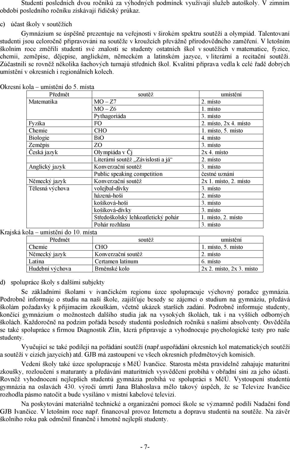 Talentovaní studenti jsou celoročně připravováni na soutěže v kroužcích převážně přírodovědného zaměření.