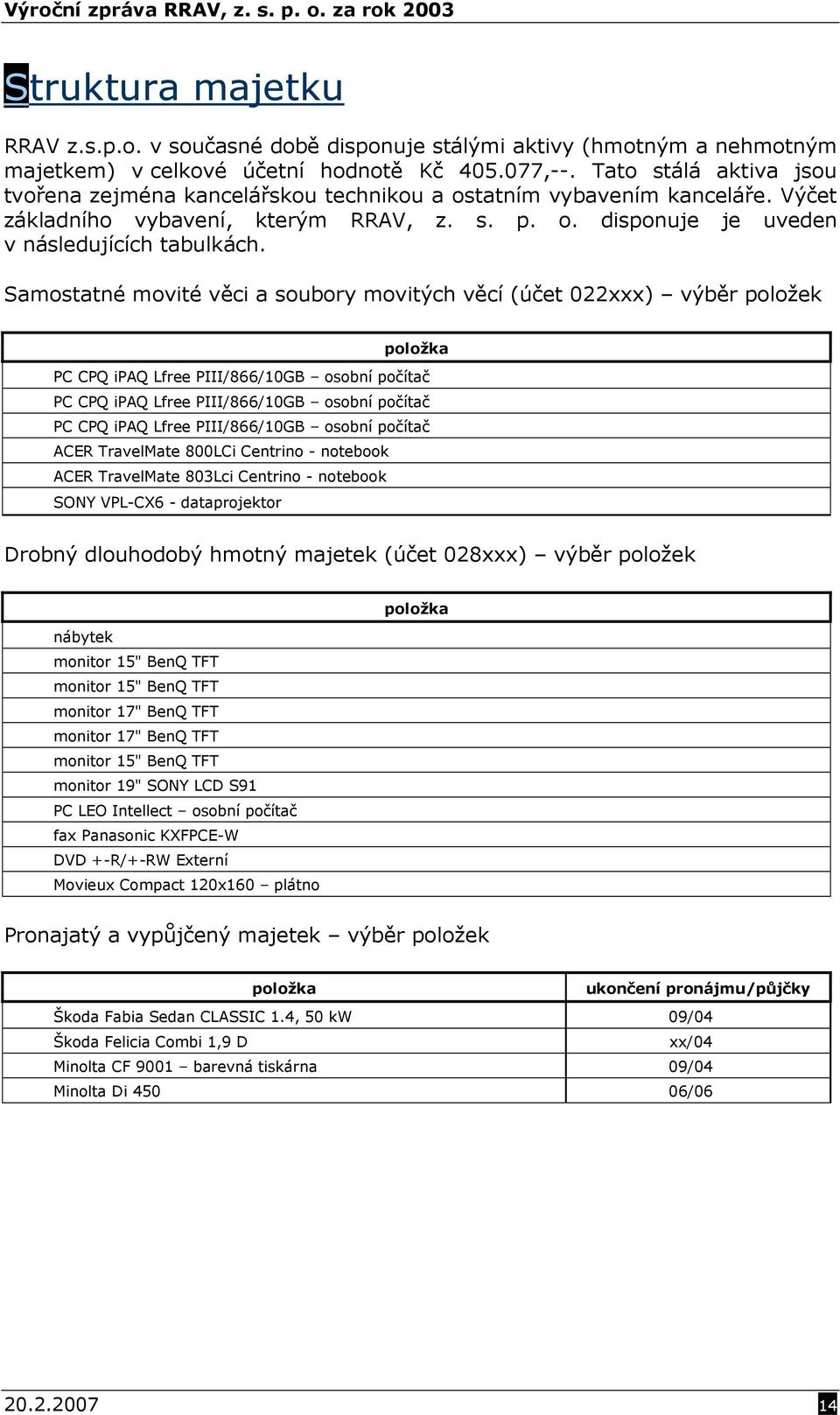 Samostatné movité věci a soubory movitých věcí (účet 022xxx) výběr položek položka PC CPQ ipaq Lfree PIII/866/10GB osobní počítač PC CPQ ipaq Lfree PIII/866/10GB osobní počítač PC CPQ ipaq Lfree