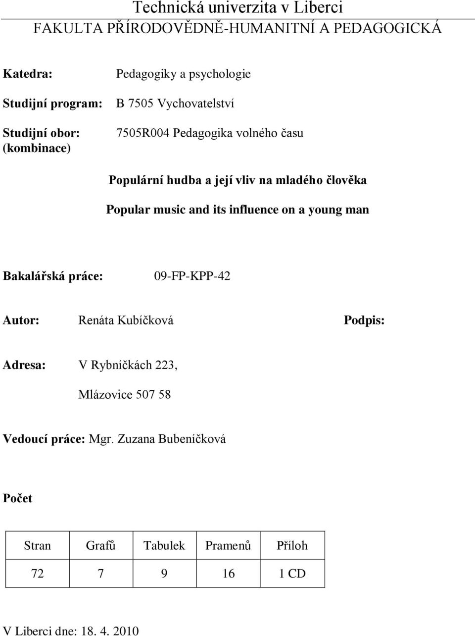 Popular music and its influence on a young man Bakalářská práce: 09-FP-KPP-42 Autor: Renáta Kubíčková Podpis: Adresa: V Rybníčkách