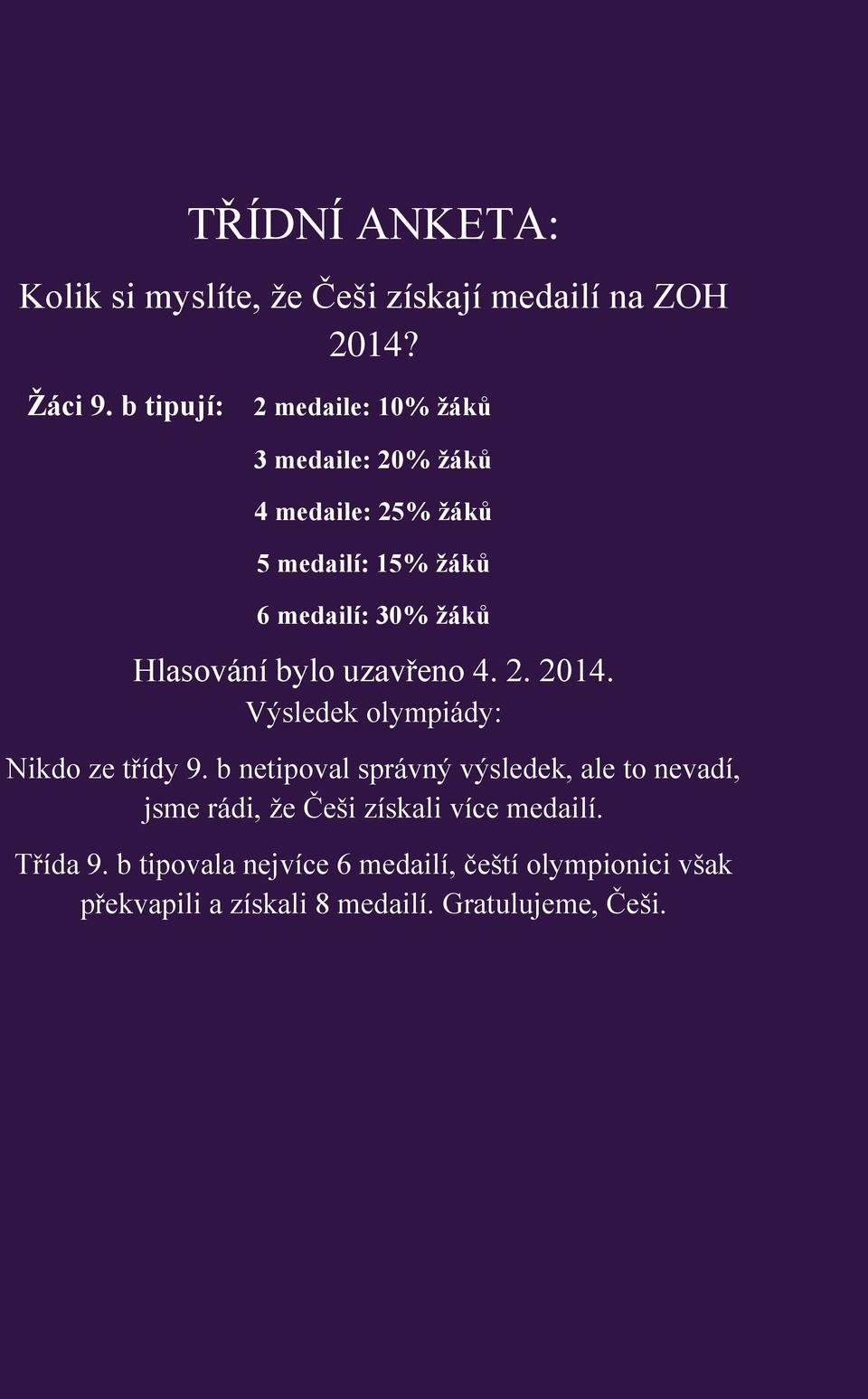 Hlasování bylo uzavřeno 4. 2. 2014. Výsledek olympiády: Nikdo ze třídy 9.