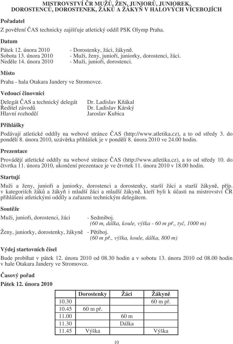 Vedoucí inovníci Delegát AS a technický delegát editel závod Hlavní rozhodí Dr. Ladislav Kákal Dr. Ladislav Kárský Jaroslav Kubica Pihlášky Podávají atletické oddíly na webové stránce AS (http://www.
