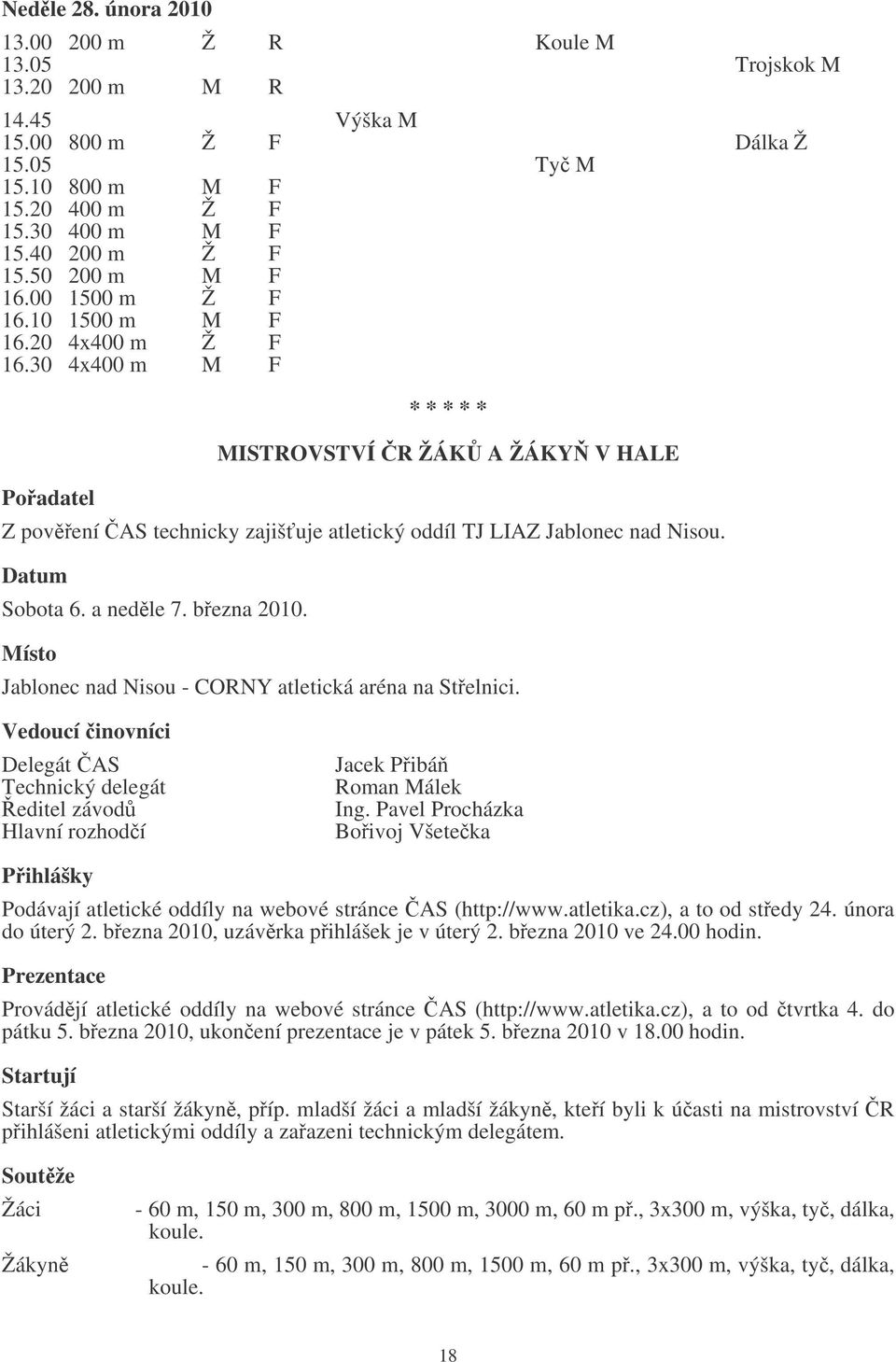 a nedle 7. bezna 2010. Jablonec nad Nisou - CORNY atletická aréna na Stelnici. Vedoucí inovníci Delegát AS Technický delegát editel závod Hlavní rozhodí Jacek Pibá Roman álek Ing.