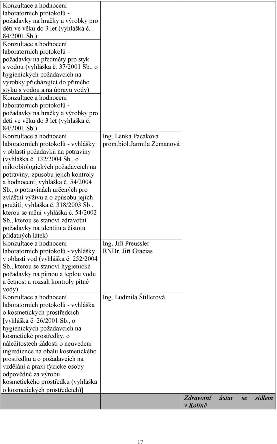 , o hygienických požadavcích na výrobky přicházející do přímého styku s vodou a na úpravu vody) ) Konzultace a hodnocení laboratorních protokolů - vyhlášky v oblasti požadavků na potraviny (vyhláška