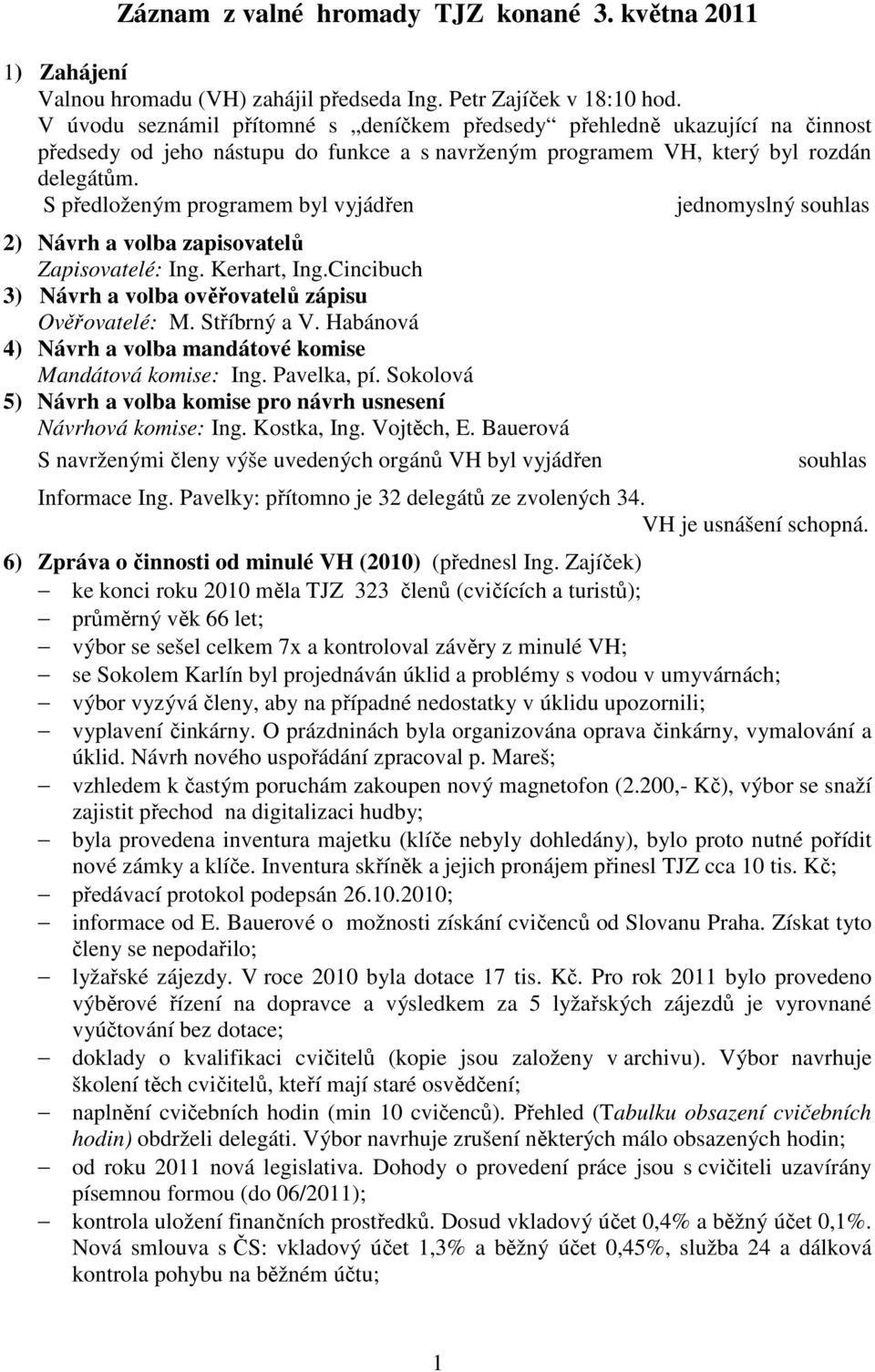 S předloženým programem byl vyjádřen jednomyslný souhlas 2) Návrh a volba zapisovatelů Zapisovatelé: Ing. Kerhart, Ing.Cincibuch 3) Návrh a volba ověřovatelů zápisu Ověřovatelé: M. Stříbrný a V.